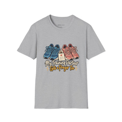 Graphic fitness T-shirt featuring the "My Training Partner Gets a Prayer Too" design.