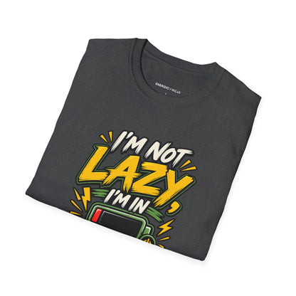 Graphic fitness T-shirt featuring the "I'm Not Lazy, I'm in Energy Saving Mode" design.