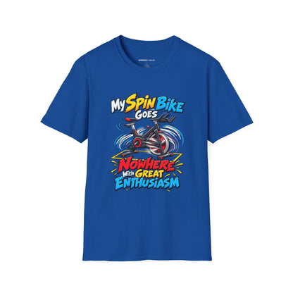 Graphic fitness T-shirt featuring the "My Spin Bike Goes Nowhere with Great Enthusiasm" design.