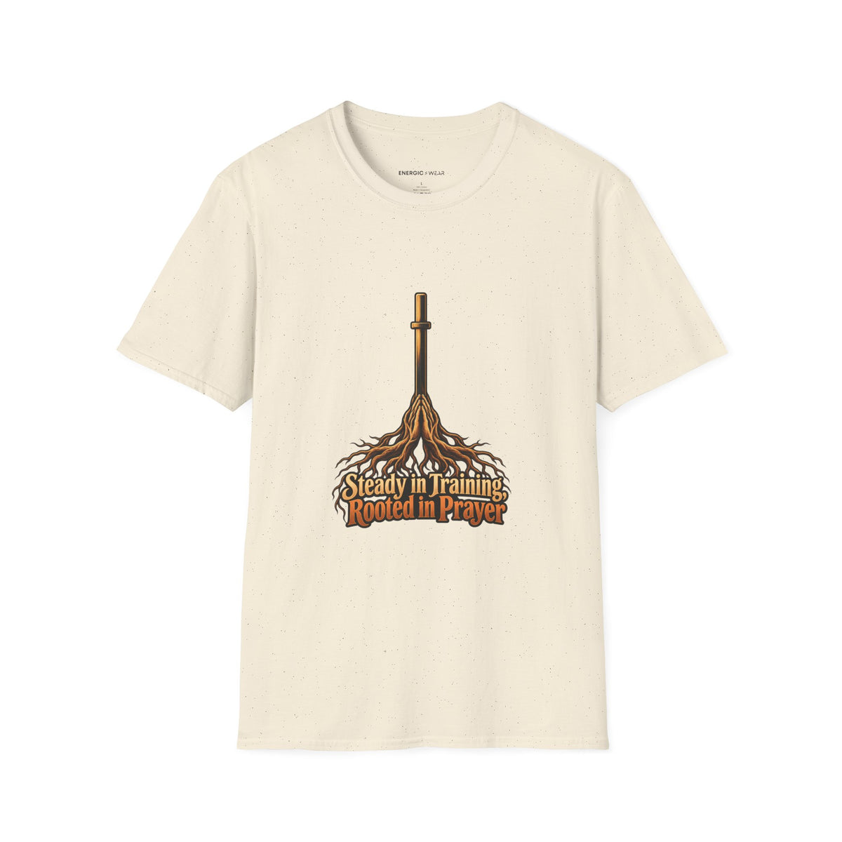 Graphic fitness T-shirt featuring the "Steady in Training, Rooted in Prayer" design.