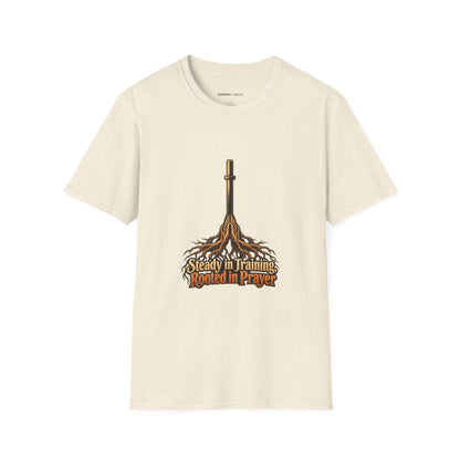Graphic fitness T-shirt featuring the "Steady in Training, Rooted in Prayer" design.