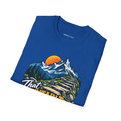 Graphic fitness T-shirt featuring the "That Mountain Trip Has My Training Attention" design.