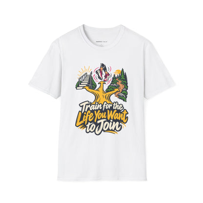 Graphic fitness T-shirt featuring the "Train for the Life You Want to Join" design.