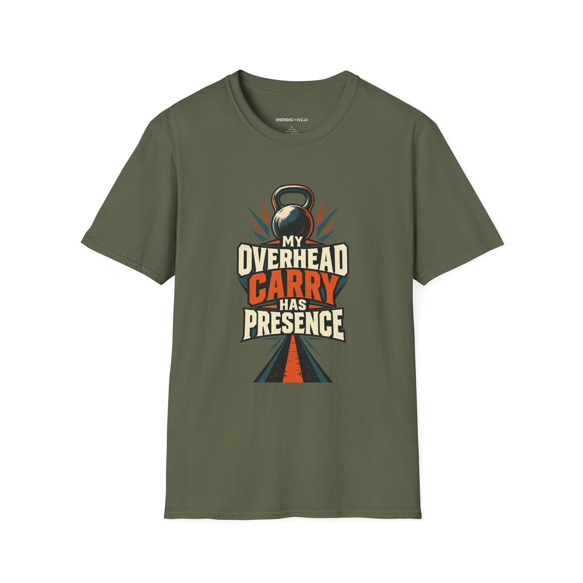 Graphic fitness T-shirt featuring the "My Overhead Carry Has Presence" design.