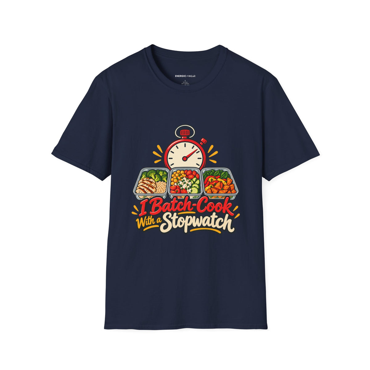 Graphic fitness T-shirt featuring the "I Batch-Cook with a Stopwatch" design.
