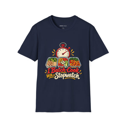 Graphic fitness T-shirt featuring the "I Batch-Cook with a Stopwatch" design.