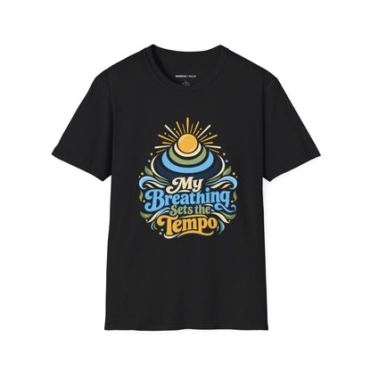 Graphic fitness T-shirt featuring the "My Breathing Sets the Tempo" design.