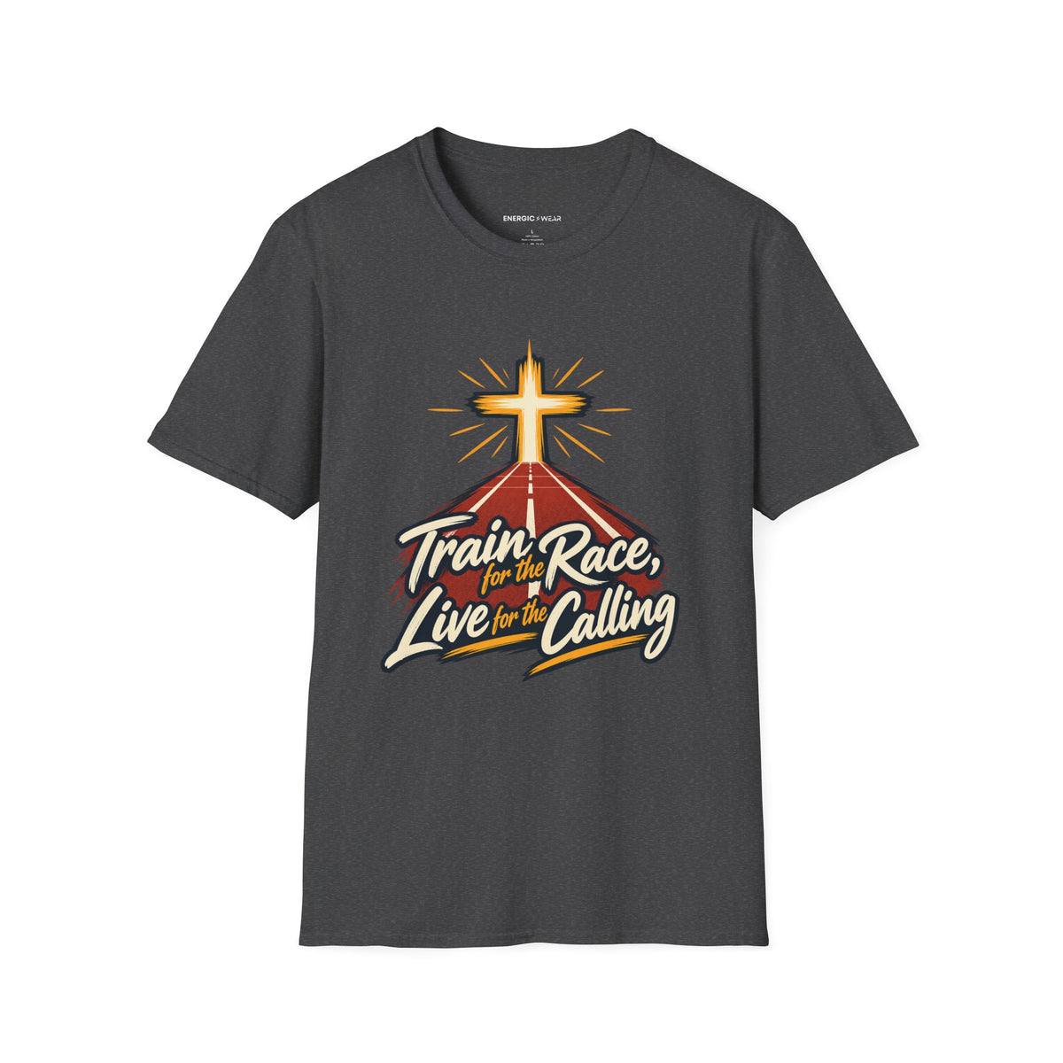 Graphic fitness T-shirt featuring the "Train for the Race Live for the Calling" design.