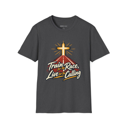 Graphic fitness T-shirt featuring the "Train for the Race Live for the Calling" design.
