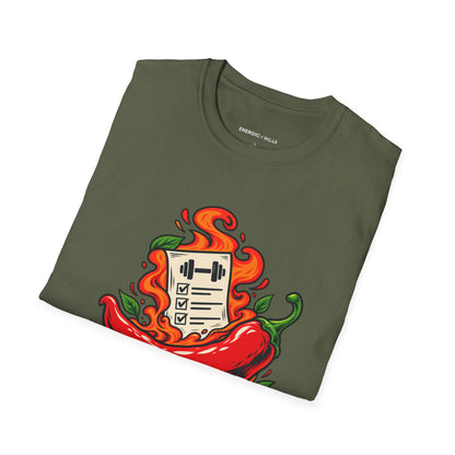 Graphic fitness T-shirt featuring the "The Training Plan Survived a Spicy Lunch" design.