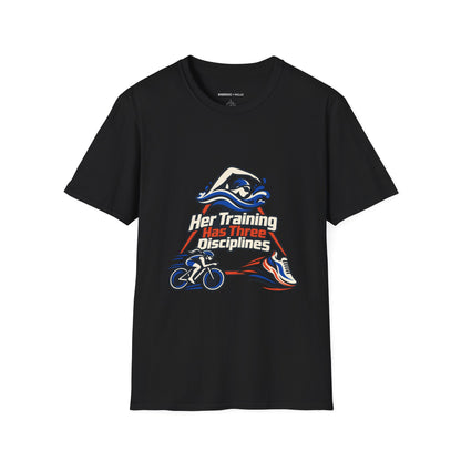 Graphic fitness T-shirt featuring the "Her Training Has Three Disciplines" design.