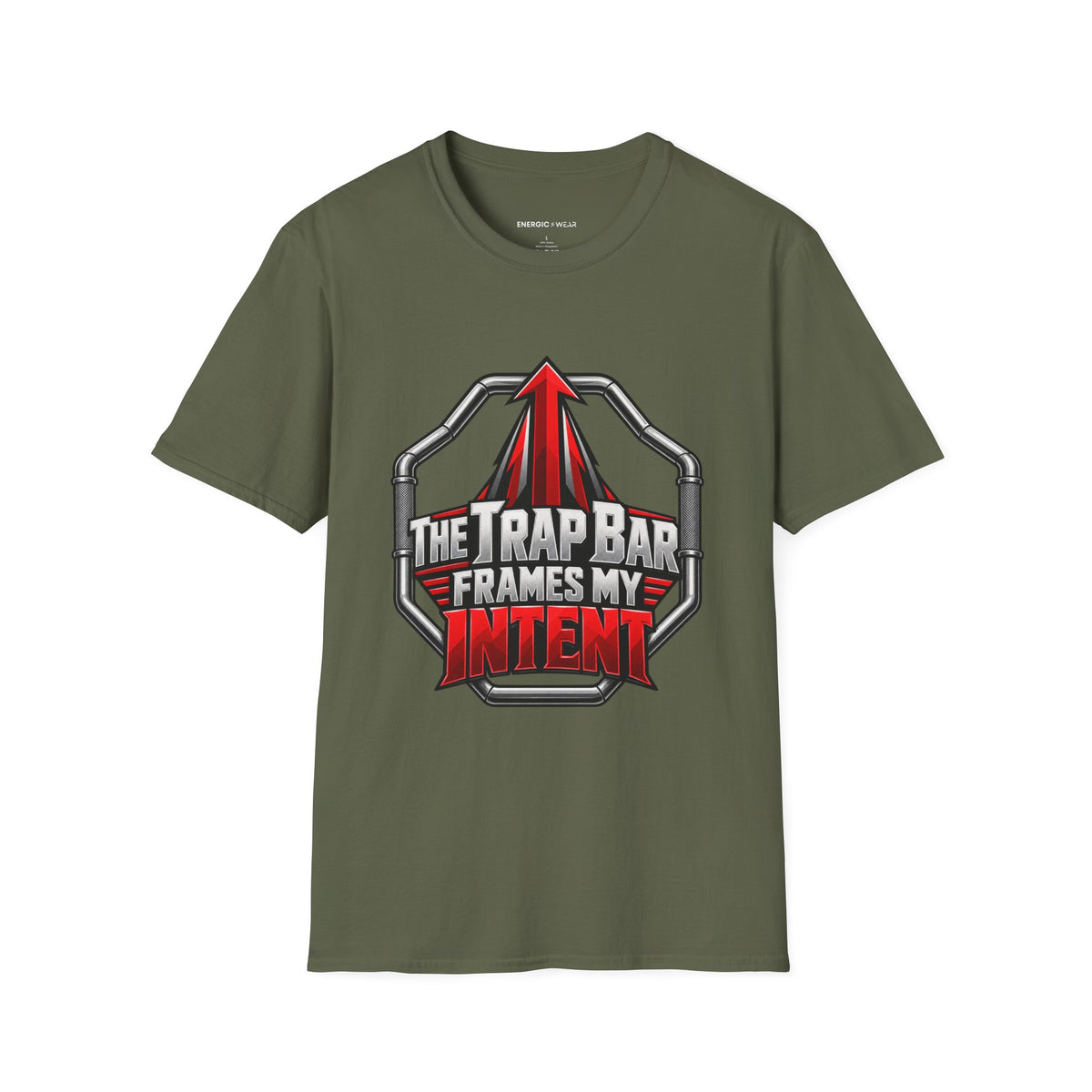 Graphic fitness T-shirt featuring the "The Trap Bar Frames My Intent" design.