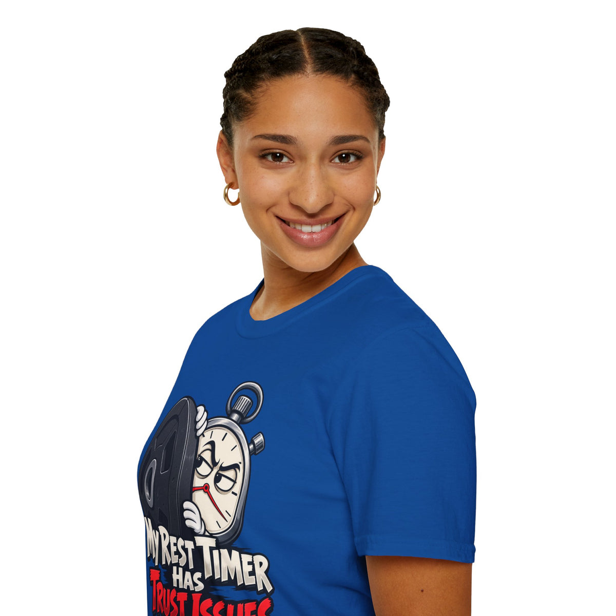 Graphic fitness T-shirt featuring the "My Rest Timer Has Trust Issues" design.