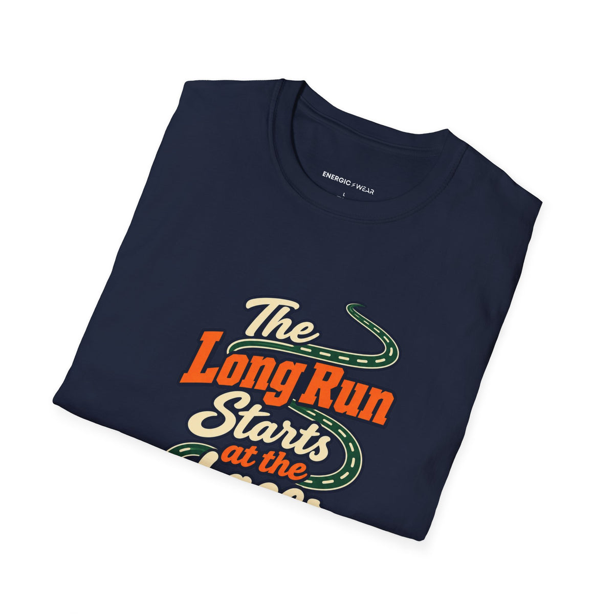 Graphic fitness T-shirt featuring the "The Long Run Starts at the Laces" design.