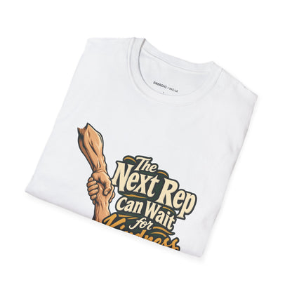 Graphic fitness T-shirt featuring the "The Next Rep Can Wait for Kindness" design.