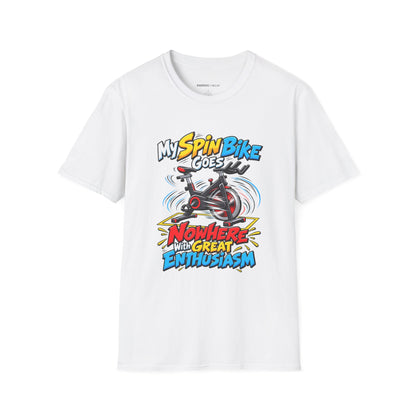 Graphic fitness T-shirt featuring the "My Spin Bike Goes Nowhere with Great Enthusiasm" design.