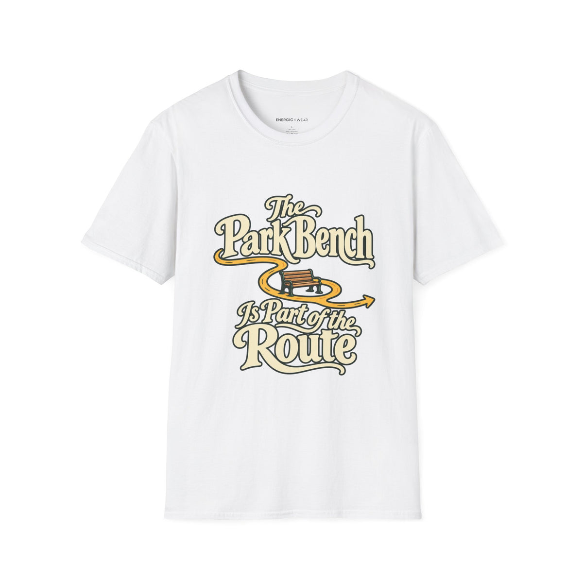 Graphic fitness T-shirt featuring the "The Park Bench Is Part of the Route" design.