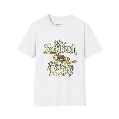Graphic fitness T-shirt featuring the "The Park Bench Is Part of the Route" design.