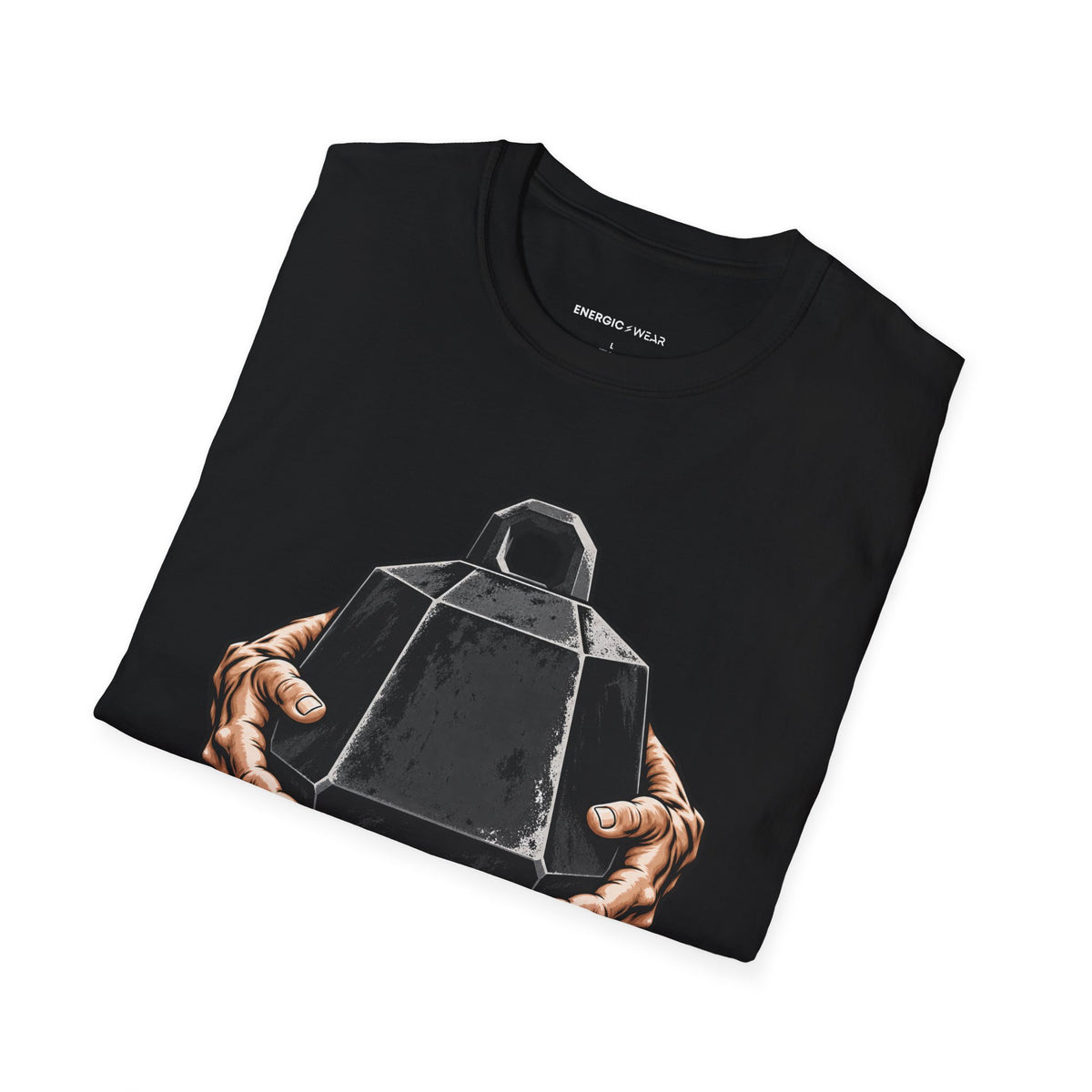 Graphic fitness T-shirt featuring the "Heavy Work, Steady Hands" design.