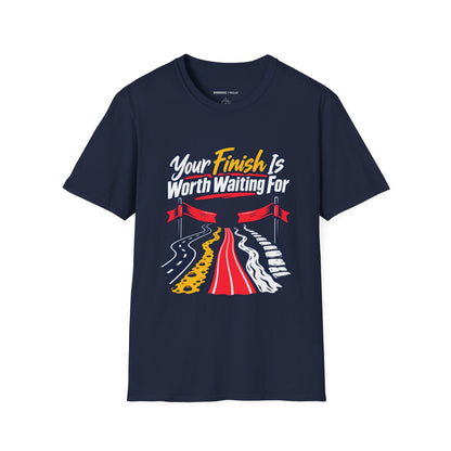 Graphic fitness T-shirt featuring the "Your Finish Is Worth Waiting For" design.