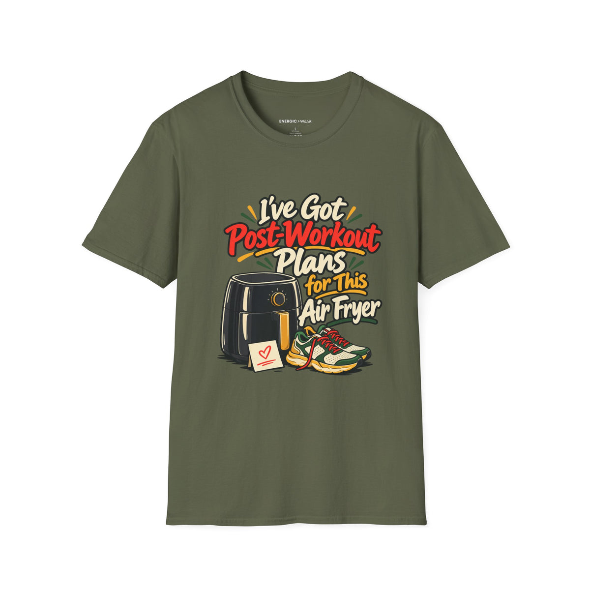 Graphic fitness T-shirt featuring the "I've Got Post-Workout Plans for This Air Fryer" design.
