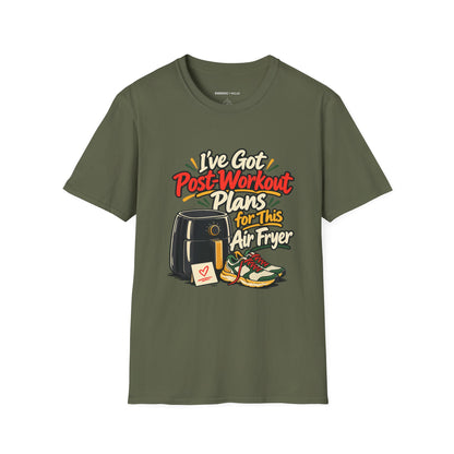 Graphic fitness T-shirt featuring the "I've Got Post-Workout Plans for This Air Fryer" design.