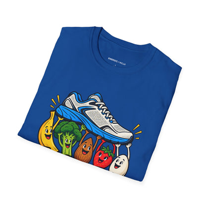Graphic fitness T-shirt featuring the "Fueling This Workout Is a Group Project" design.