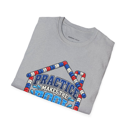 Graphic fitness T-shirt featuring the "Practice Makes the Pool Feel Like Home" design.