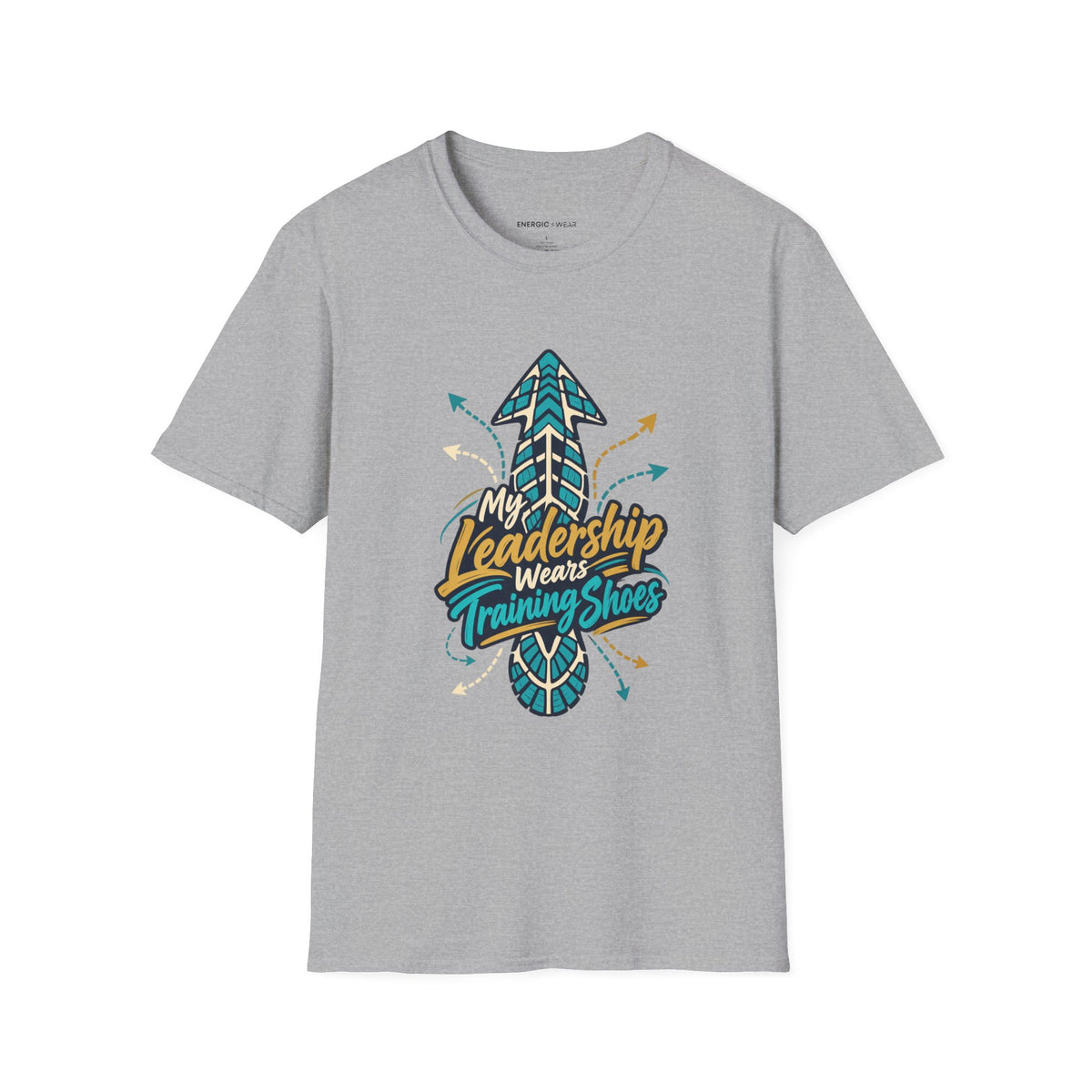 Graphic fitness T-shirt featuring the "My Leadership Wears Training Shoes" design.