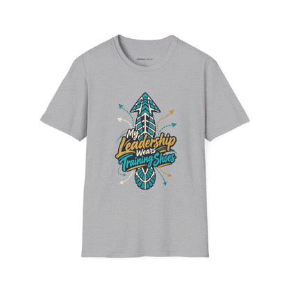 Graphic fitness T-shirt featuring the "My Leadership Wears Training Shoes" design.