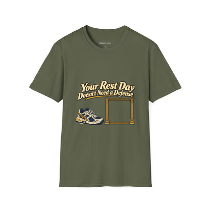 Graphic fitness T-shirt featuring the "Your Rest Day Doesn't Need a Defense" design.