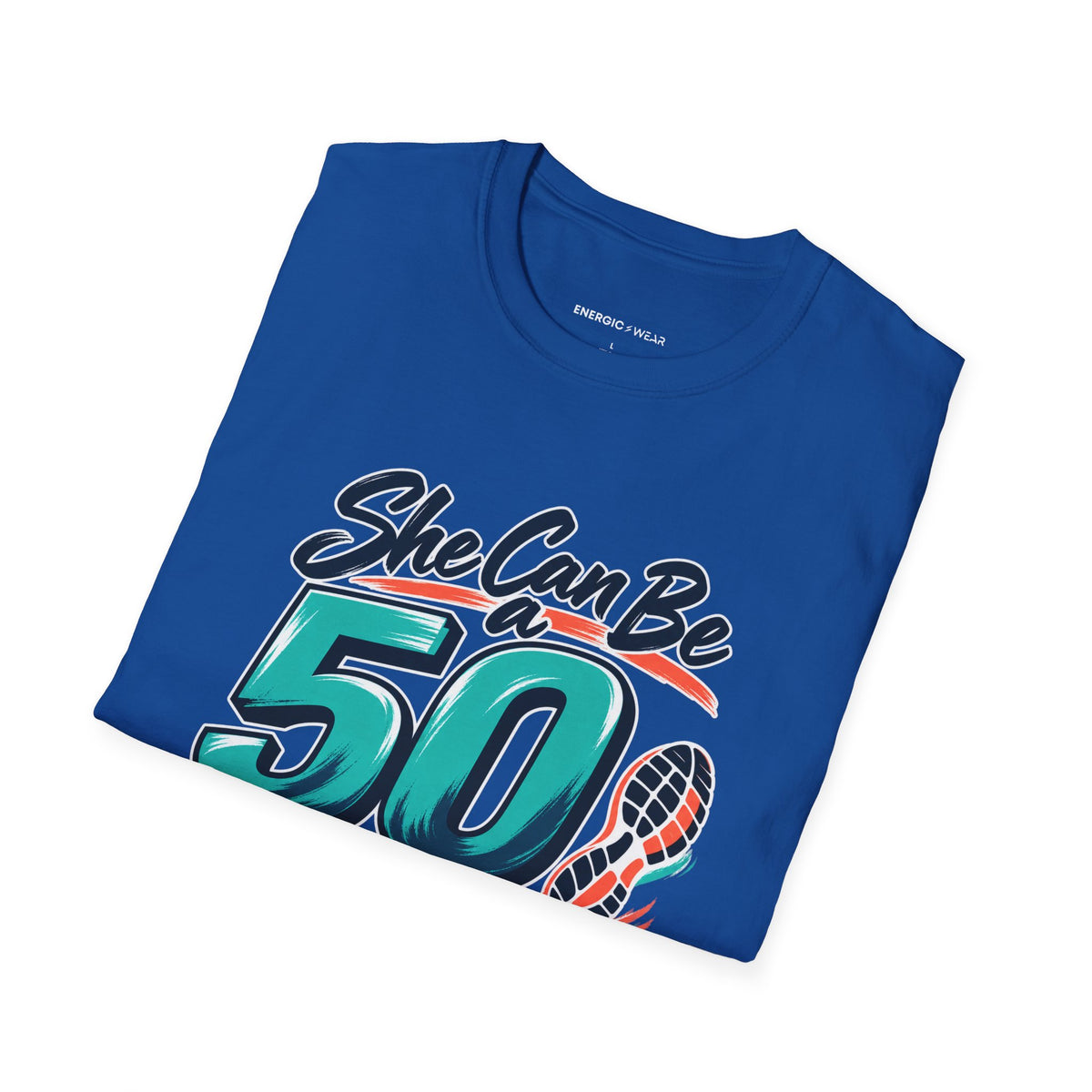 Graphic fitness T-shirt featuring the "She Can Be a Beginner at Fifty" design.