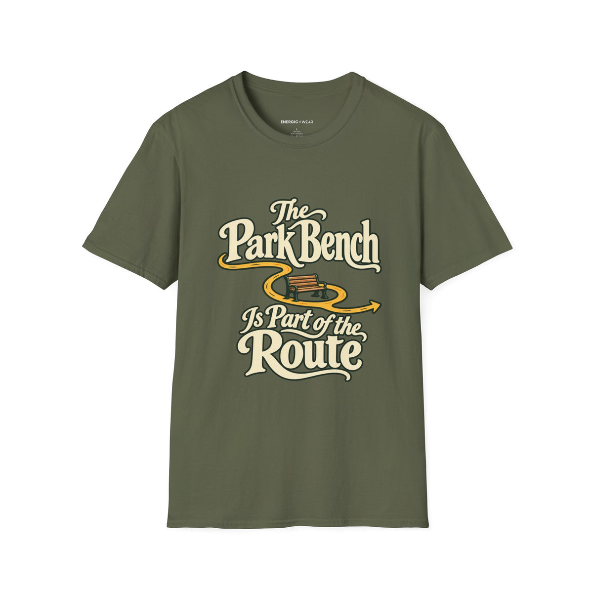 Graphic fitness T-shirt featuring the "The Park Bench Is Part of the Route" design.