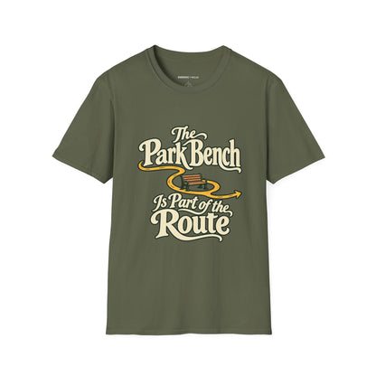 Graphic fitness T-shirt featuring the "The Park Bench Is Part of the Route" design.