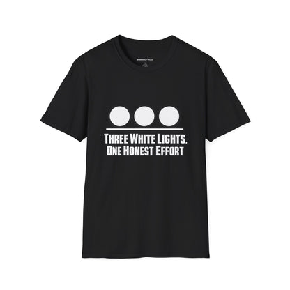 Graphic fitness T-shirt featuring the "Three White Lights One Honest Effort" design.