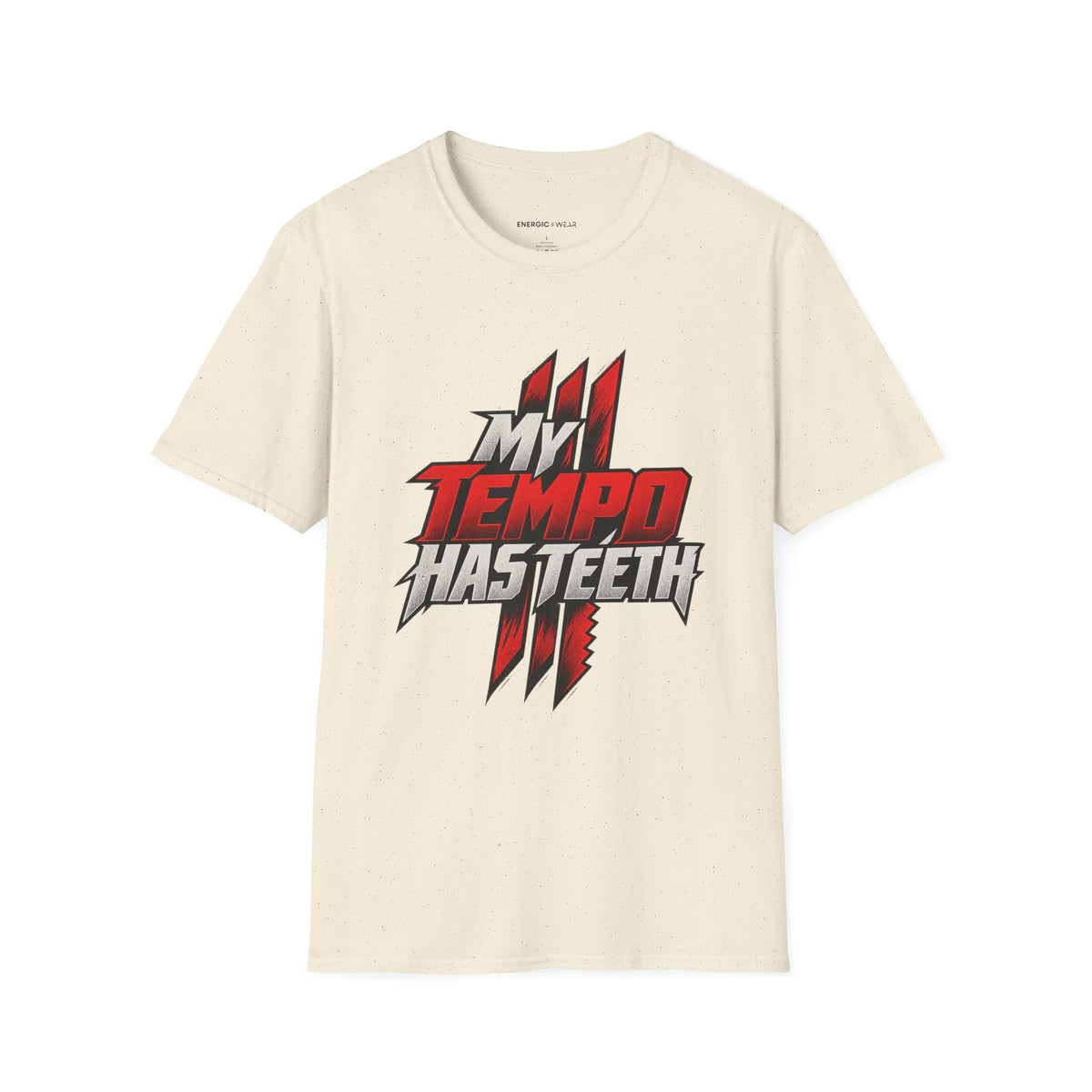 Graphic fitness T-shirt featuring the "My Tempo Has Teeth" design.