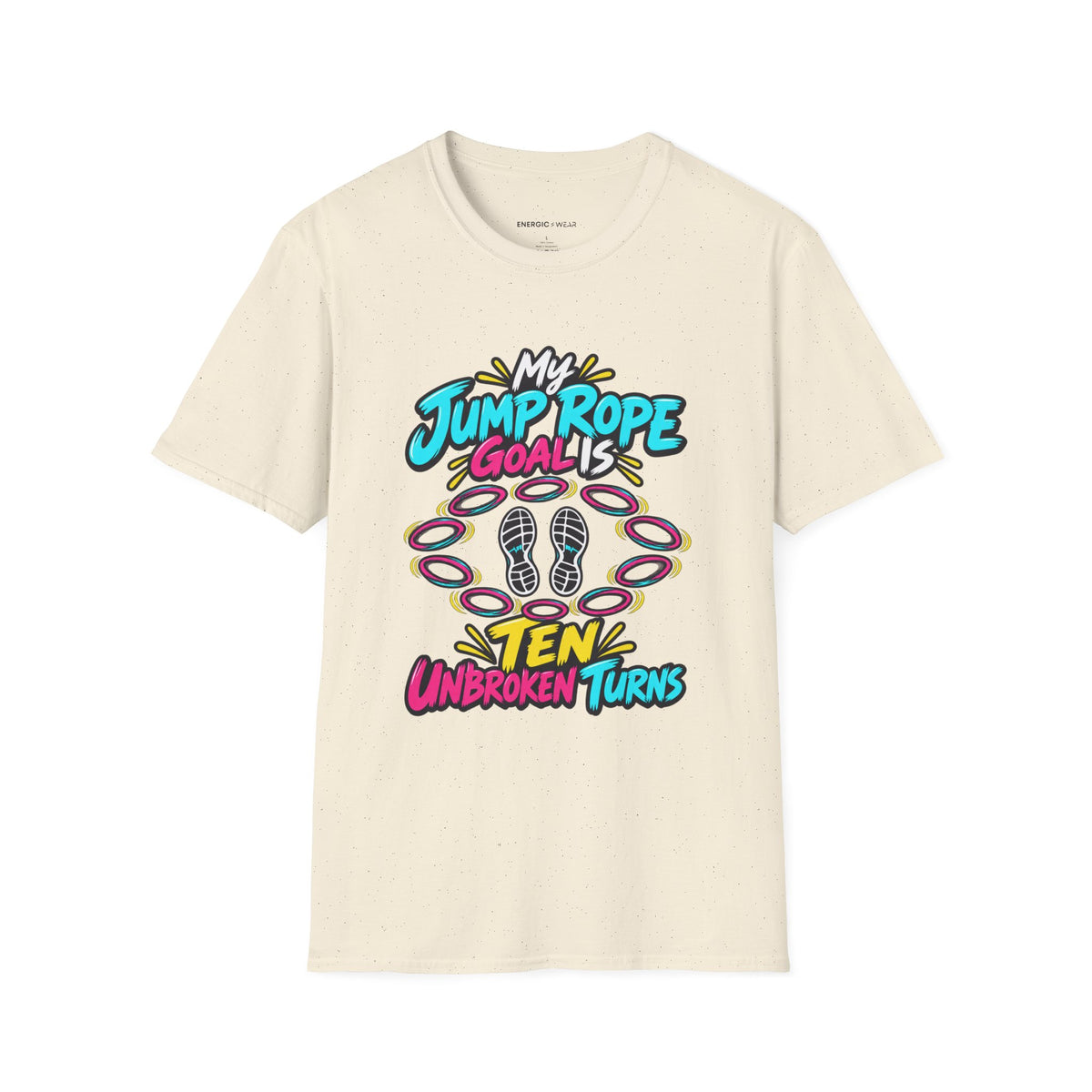 Graphic fitness T-shirt featuring the "My Jump Rope Goal Is Ten Unbroken Turns" design.