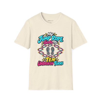 Graphic fitness T-shirt featuring the "My Jump Rope Goal Is Ten Unbroken Turns" design.