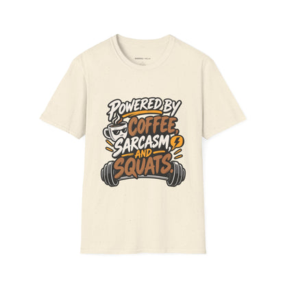Graphic fitness T-shirt featuring the "Powered by Coffee, Sarcasm and Squats" design.