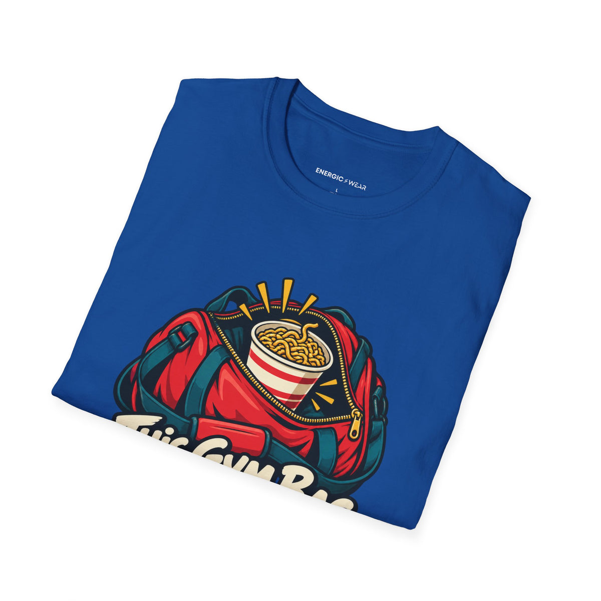 Graphic fitness T-shirt featuring the "This Gym Bag Contains Emergency Noodles" design.