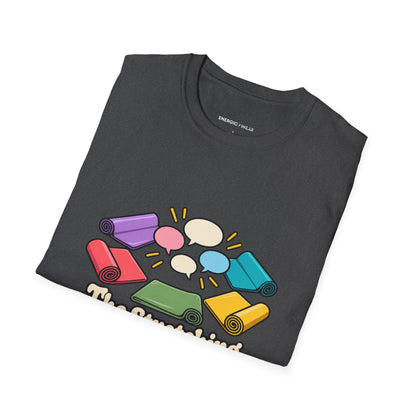 Graphic fitness T-shirt featuring the "The Stretching Area Became My Social Circle" design.