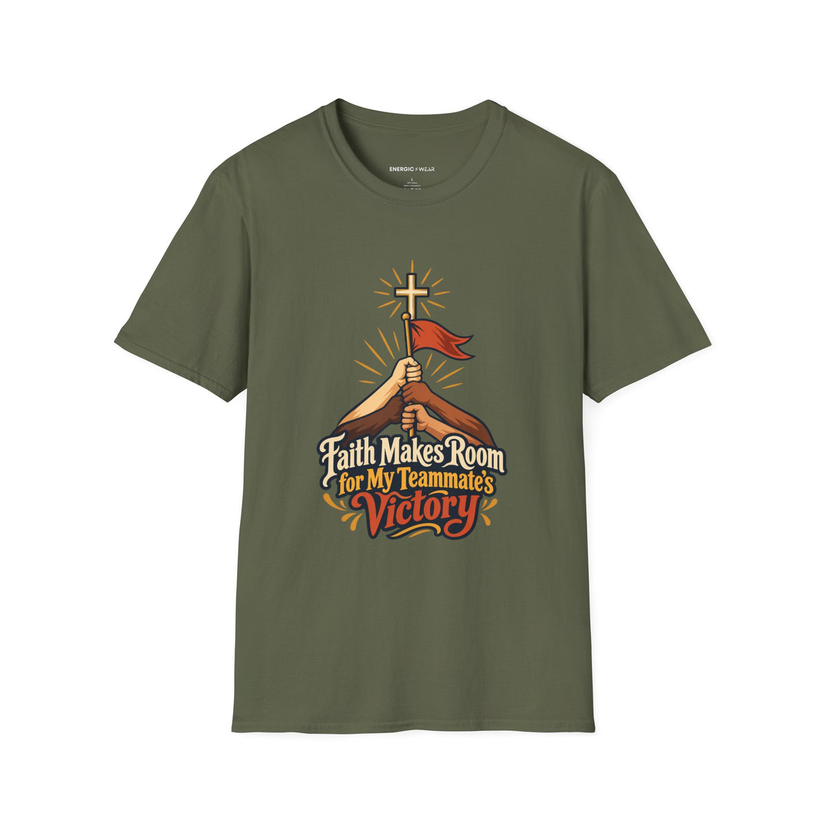 Graphic fitness T-shirt featuring the "Faith Makes Room for My Teammate S Victory" design.