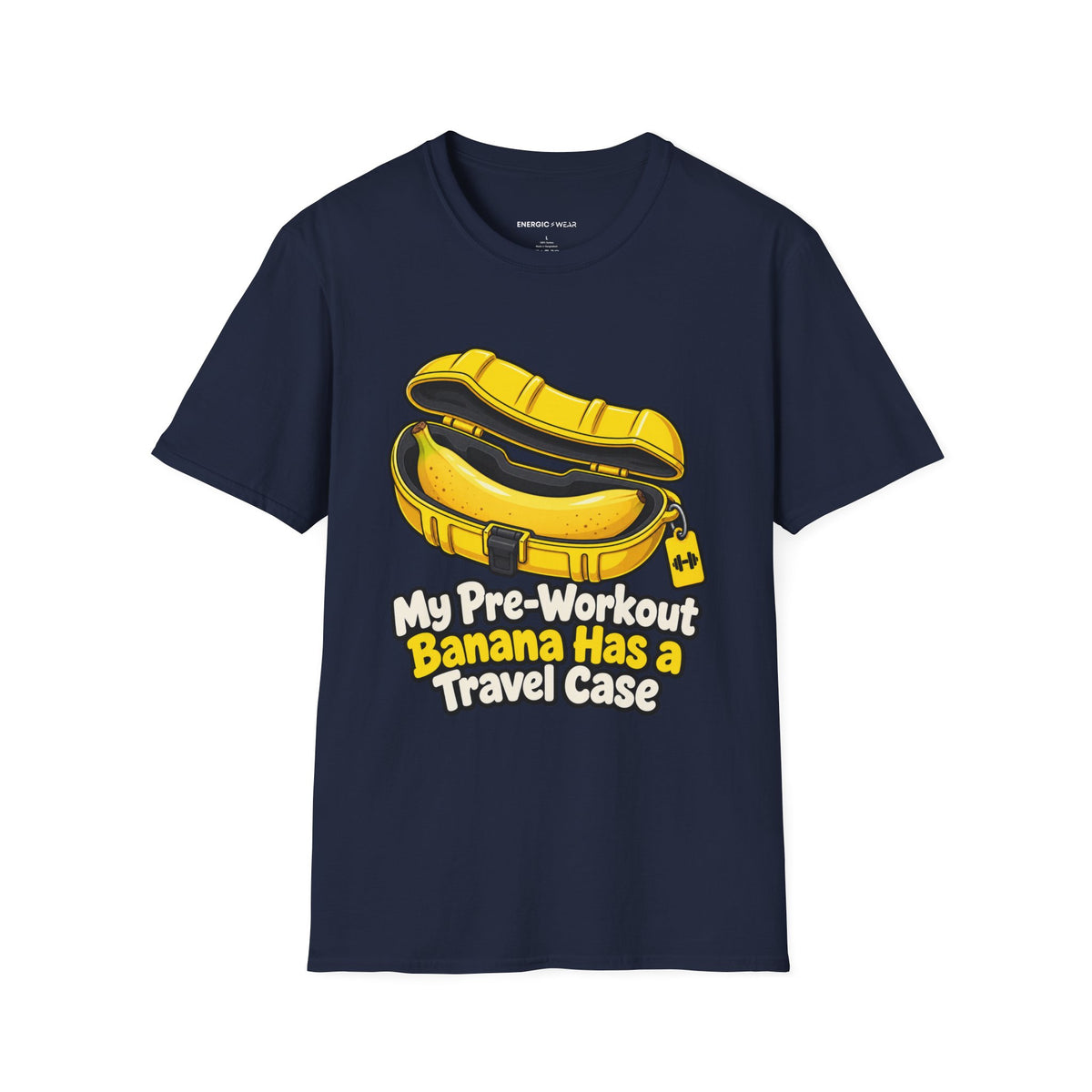 Graphic fitness T-shirt featuring the "My Pre-Workout Banana Has a Travel Case" design.
