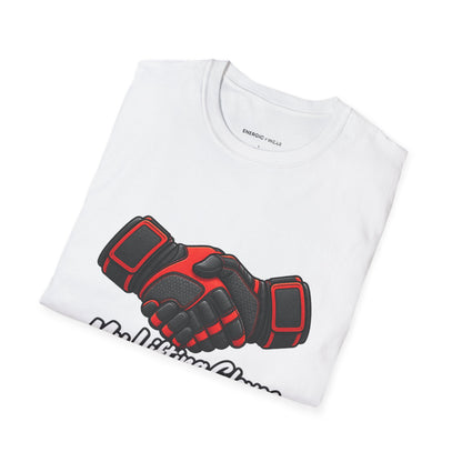 Graphic fitness T-shirt featuring the "My Lifting Gloves Have a Firm Handshake" design.