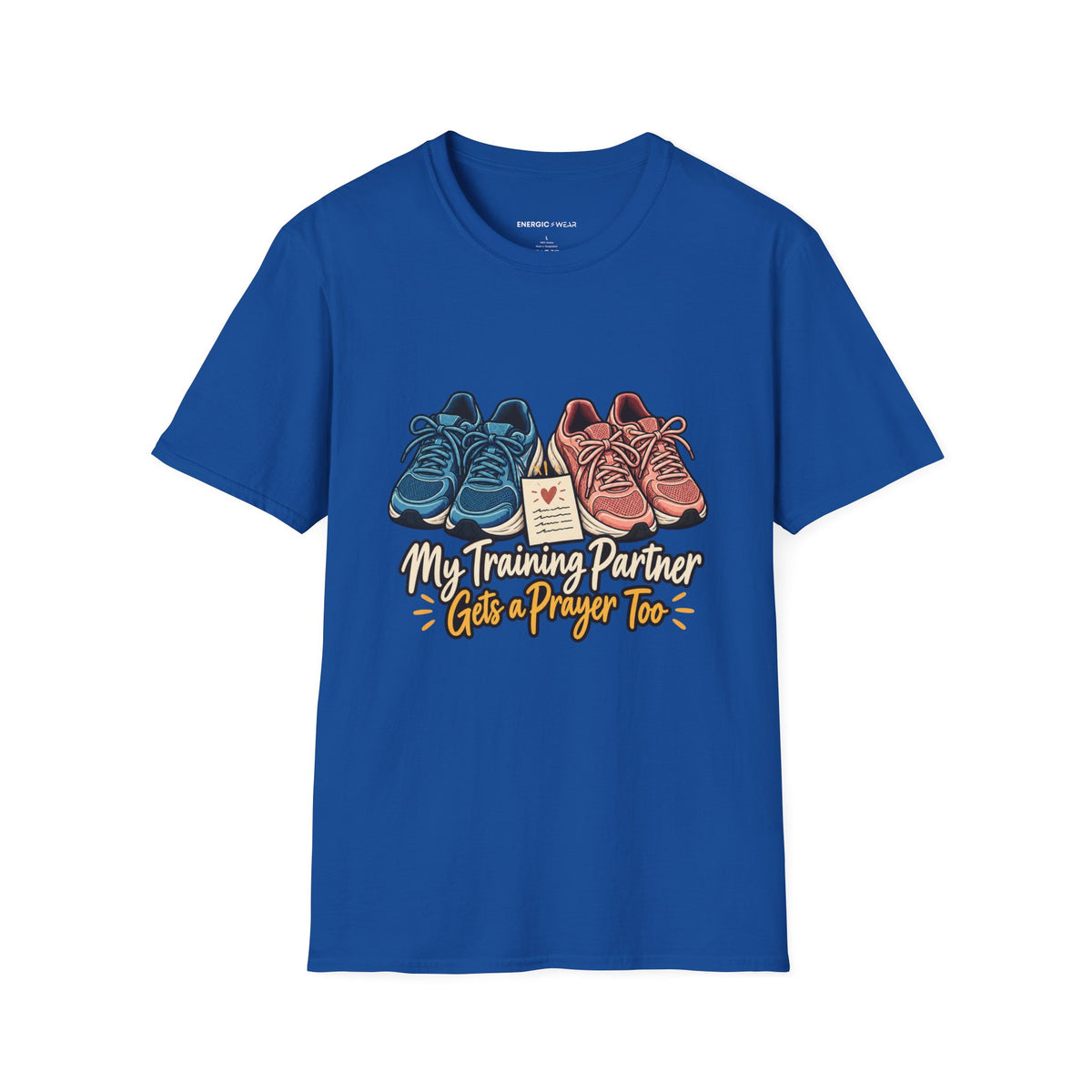 Graphic fitness T-shirt featuring the "My Training Partner Gets a Prayer Too" design.