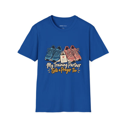 Graphic fitness T-shirt featuring the "My Training Partner Gets a Prayer Too" design.