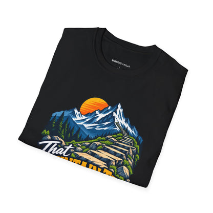 Graphic fitness T-shirt featuring the "That Mountain Trip Has My Training Attention" design.