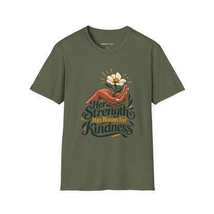Graphic fitness T-shirt featuring the "Her Strength Has Room for Kindness" design.
