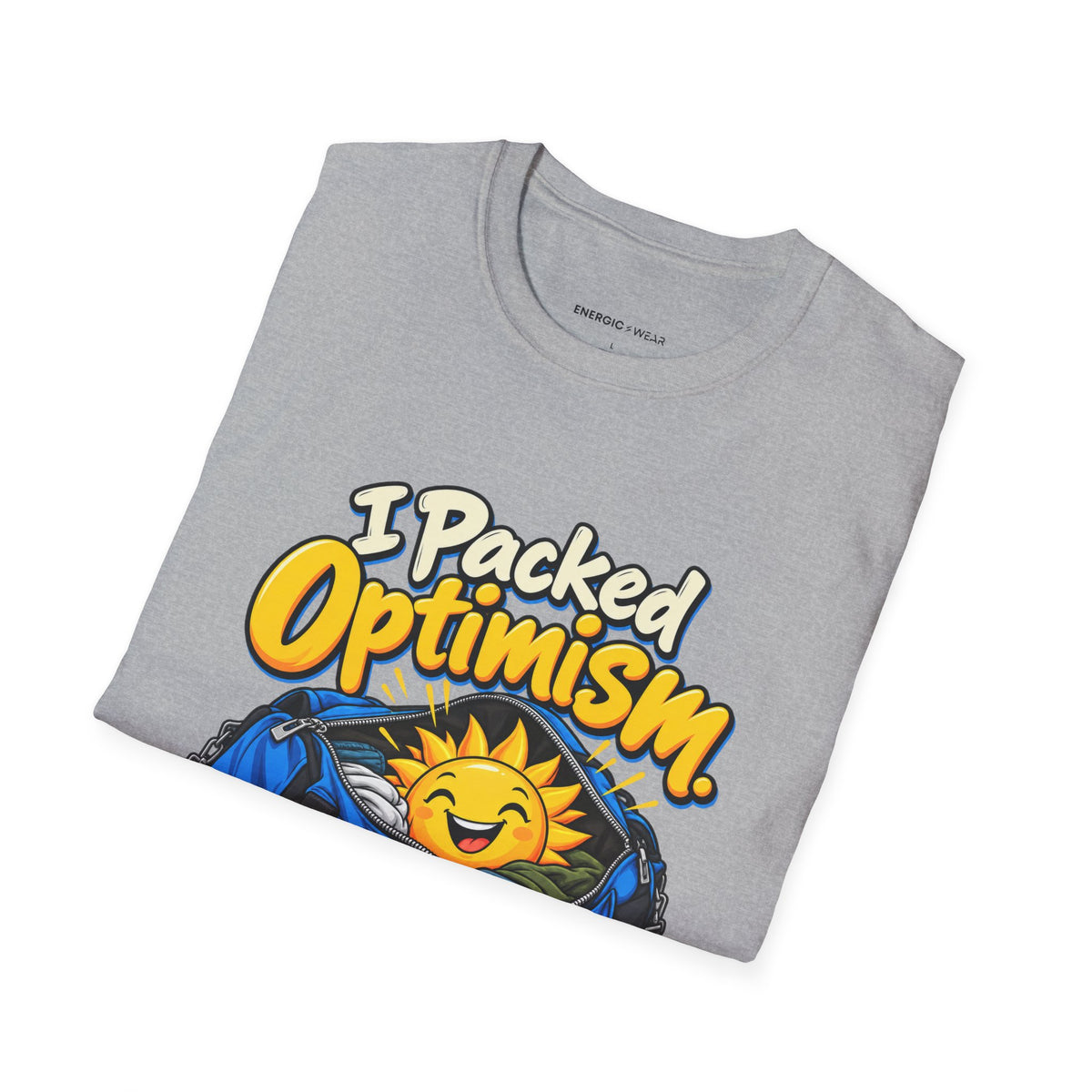 Graphic fitness T-shirt featuring the "I Packed Optimism Forgot Socks" design.