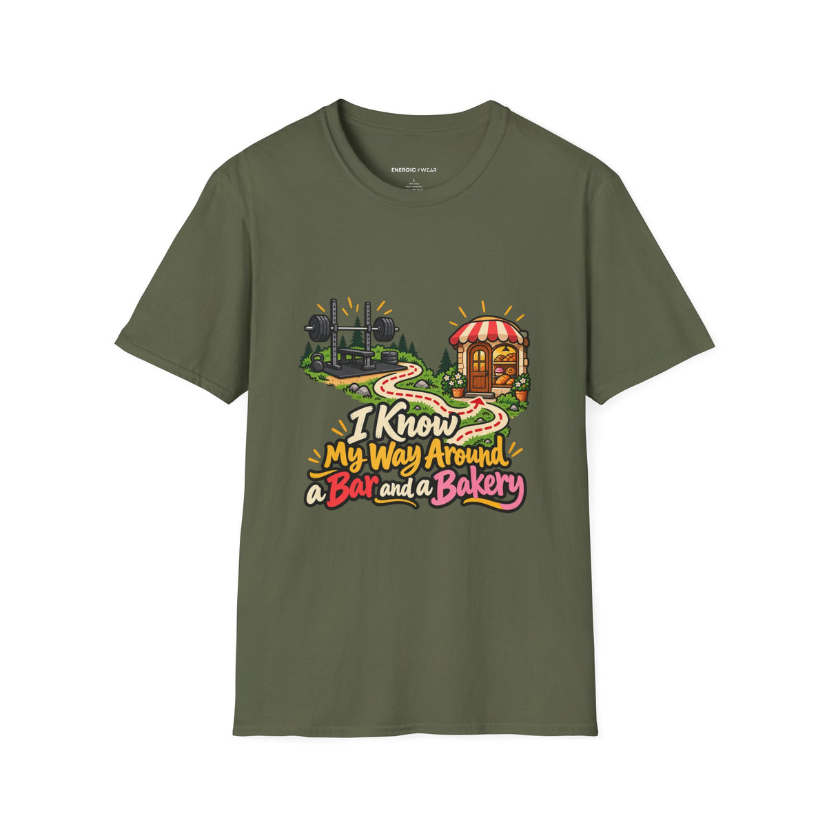 Graphic fitness T-shirt featuring the "I Know My Way Around a Bar and a Bakery" design.